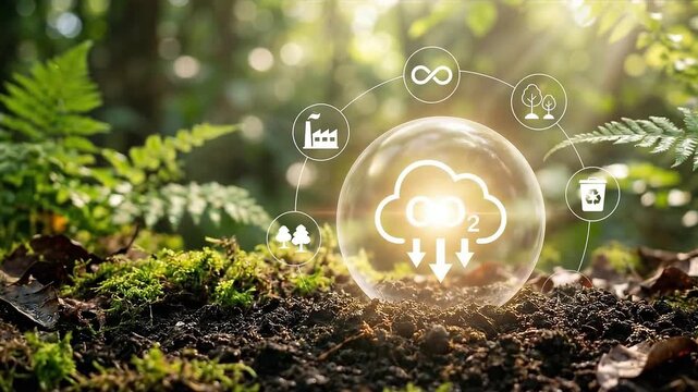 Sustainable future concept: CO2 reduction and green energy solutions depicted on a forest floor, bathed in natural light.