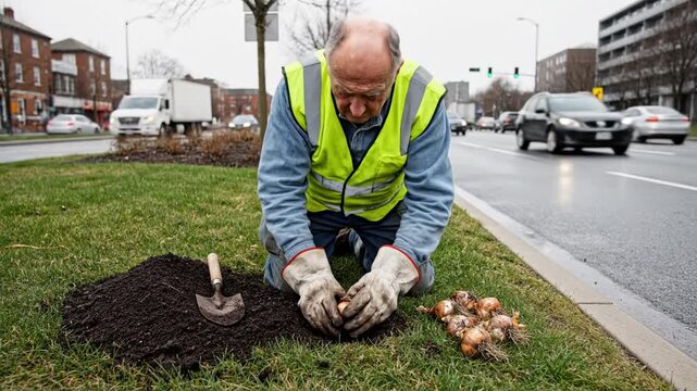 Man planting a sapling on a city sidewalk with urban buildings in the background