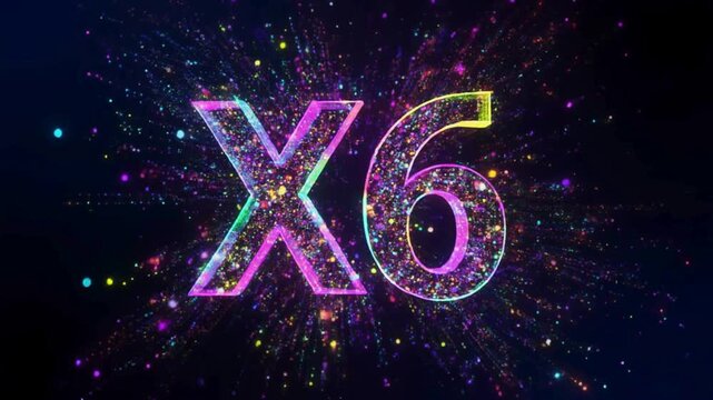 Vibrant and energetic X6 logo made of glowing colorful particles exploding against a dark background, creating a dynamic digital effect.