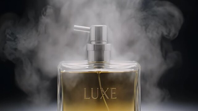 Elegant luxe perfume bottle with vaporous smoke and a dark background