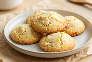 Freshly baked butter cookies arranged on a rustic plate ready to enjoy