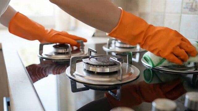 Person in protective gloves diligently cleaning a modern kitchen gas hob surface, maintaining a hygienic home environment.