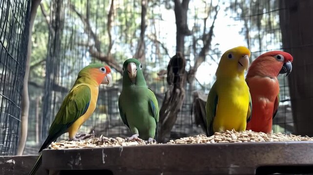Multiple colorful parrots standing on a feeding platform inside an aviary with green foliage in the background.