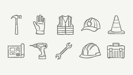 Fototapeta premium Collection of construction and safety equipment icons in a simple line art style