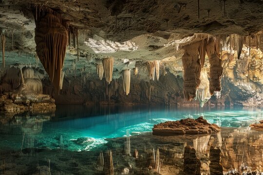 Stalactite Cave with Water in Chichen Itza Yucatan Natural Underground Landscape