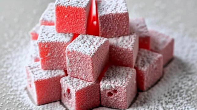 A pile of pink and white Turkish delight candies, stacked and dusted with powdered sugar, with a cherry on top as a garnish.