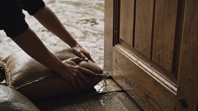 Person kneeling on wooden floor sealing a doorway with sandbag in a rustic interior