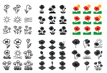 Obraz premium Floral icon set: poppies and patterns