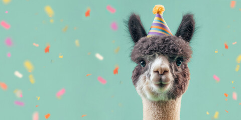Fototapeta premium Happy Birthday, carnival, New Year's eve, sylvester or other festive celebration, funny animals card - Alpaca with party hat and sunglasses on turquoise background with confetti