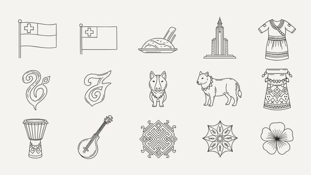 Collection of line art icons representing cultural symbols and landmarks from Tonga