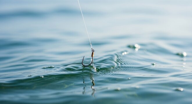 Fishing hook and line suspended above tranquil, slightly rippled water