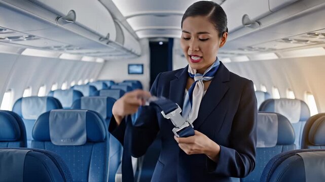 Flight attendant demonstrates safety procedures. She explains seatbelt usage on airplane. Professionalism enhances passenger comfort. Travel atmosphere created in cabin.