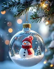 Schneemann in Weihnachtskugel aus Glas, h&auml;ngt an einem verschneiten Ast
