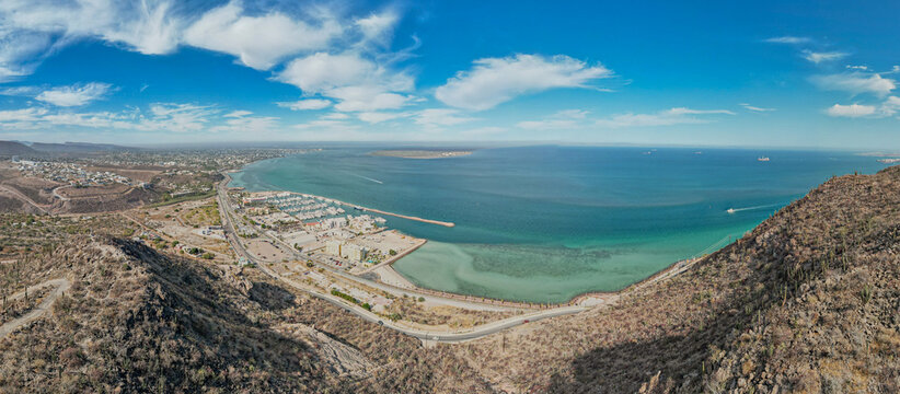 Aerial view of the main dock, Marina Palmira, in La Paz, Baja California Sur, Mexico