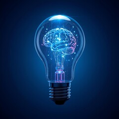 Transparent glass bulb containing a holographic AI brain with data streams and binary particles swirling inside, representing breakthrough tech ideas and innovation, high-tech concept art