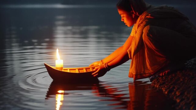 Traditional indian woman in sari floating lighted oil lamp diya on river water during night time religious festival celebration diwali ceremony worship holy