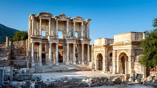 Ancient Library of Celsus in Ephesus, Turkey, Historical Landmark, Architectural Marvel.