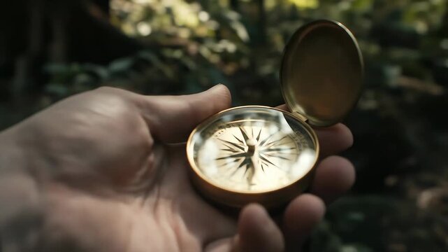 Close up of a man's hand holding an antique brass compass in a lush forest with dappled sunlight.