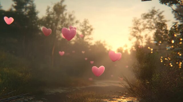 Romantic Valentine scene with soft pink hearts gently floating above a peaceful forest clearing at sunrise, warm golden light enhancing the natural atmosphere with calm beauty