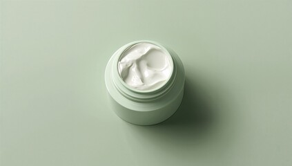White cream jar with swirled texture minimalist skincare product mockup on soft green background