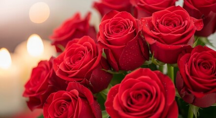 Obraz premium Red Roses Bouquet with Candlelight Romantic Background