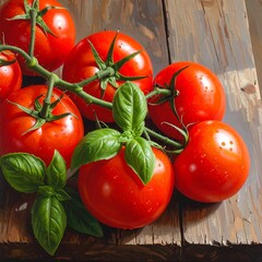 Shiny red tomatoes on a branch, accented by fresh green basil leaves, lay on aged wooden table