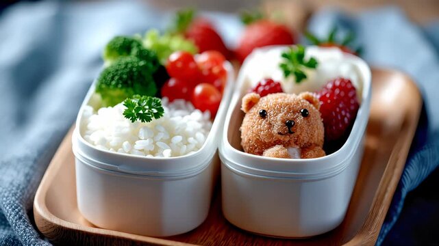 Bear-shaped rice bento lunchbox with veggies and fruit, cute homemade kids meal in a container