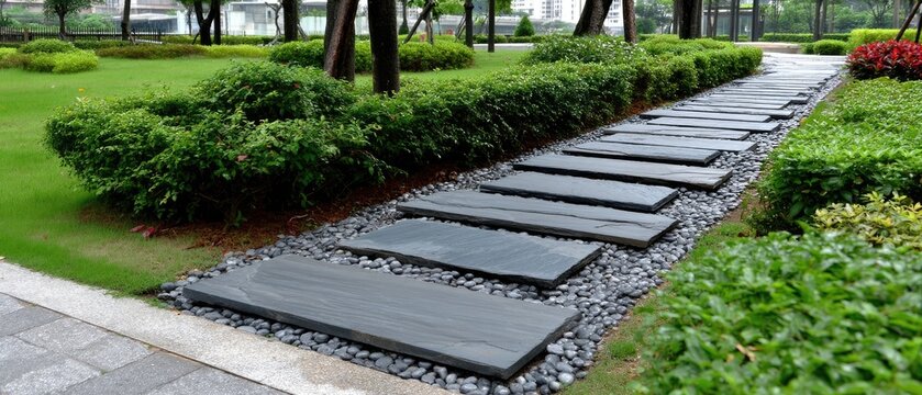 Stone path with green plants and decorative pebbles in garden landscape design for home or hotel setting during daytime
