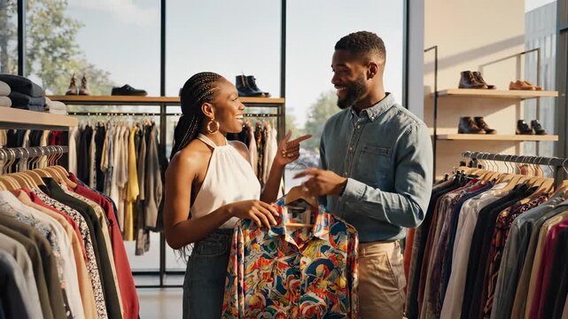 Couple shopping for fashionable clothes at boutique store. They explore colorful apparel while enjoying shopping experience together. Stylish atmosphere creates joyful mood.