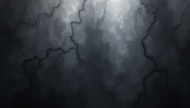 Abstract dark grey and black background featuring rough texture lines and dramatic illumination suggesting a fractured or crumbling surface ideal for dramatic overlays or grunge design concepts.