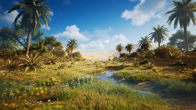 A barren desert transforms into a vibrant, lush oasis. Water brings life, creating a beautiful, thriving ecosystem.