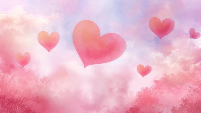 Soft pastel Valentine scenery with watercolor heart elements, delicate textures and dreamy haze lighting to enhance romantic mood for background use