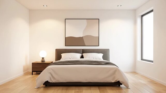An empty room transforms into a modern, minimalist bedroom. Essential furniture and decor create a stylish, inviting space.
