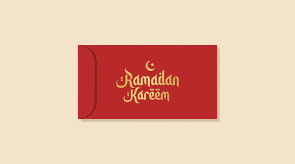 Red envelope with gold Ramadan Kareem calligraphy and crescent moon symbol on a beige background, concept for Islamic holiday gifts, festive money distribution and religious celebration promotion