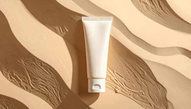 A top down view of a sunscreen product in a tube placed on a beige background.