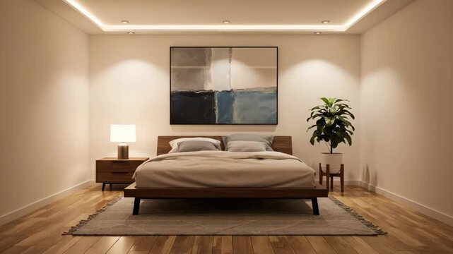 A minimalist room transforms into a stylish and cozy modern bedroom. Contemporary furniture and warm lighting create a serene and inviting atmosphere.