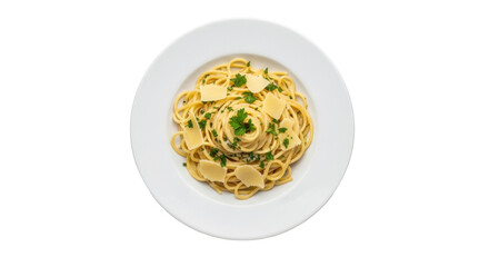 Delicious spaghetti with parmesan and parsley isolated PNG, classic Italian pasta dish on transparent background for restaurant menu