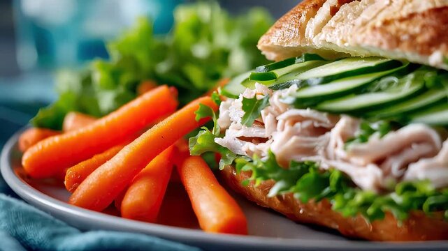 Fresh turkey sandwich with cucumber and herbs served with carrot sticks, healthy lunch close-up