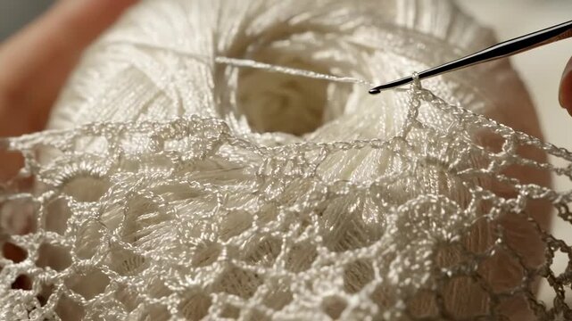 A person skillfully crochets delicate lace with white thread. The intricate pattern emerges from the ball of yarn.