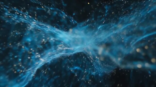 Abstract blue wave background with particles, flowing wave-like forms in layered shades of blue, luminous particles drifting and riding along the curves, smooth fluid motion with subtle depth and para