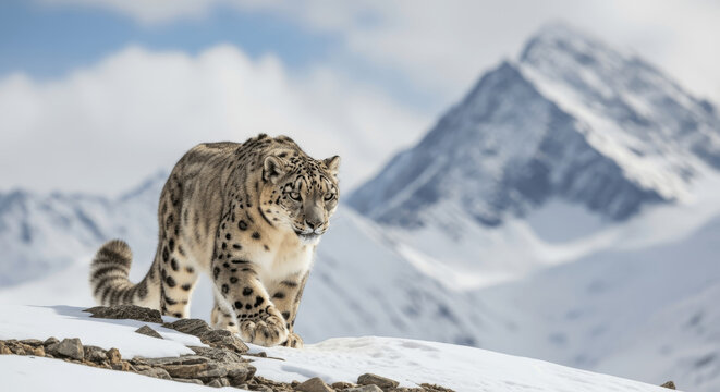 Snow Leopard (Panthera uncia) Navigating Rugged High-Altitude Mountain Range