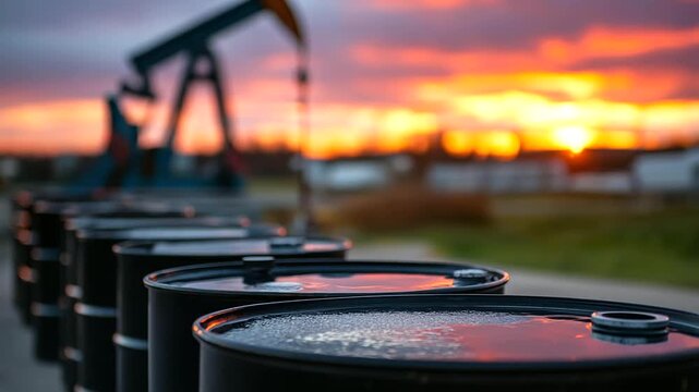 Black metal oil barrels lined up in industrial landscape at sunset, pump jack silhouette in background, vivid atmospheric scene, petroleum industry display, defocused sunset