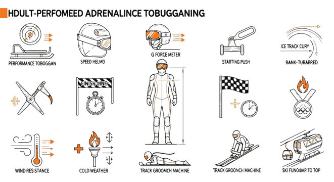 High-performance winter sports vector icons: tobogganing, skiing, speed, adrenaline, competition, and essential equipment. Detailed line art for extreme winter activities.
