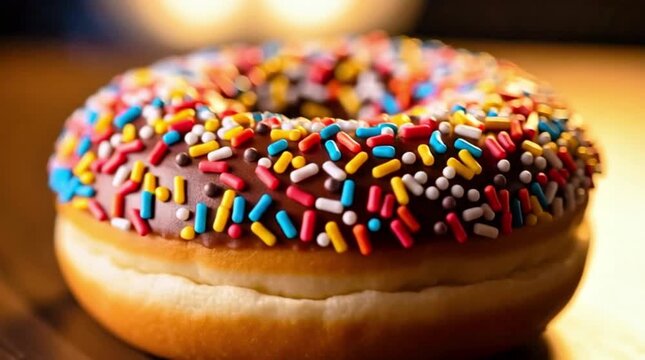 A close-up image shows a chocolate-glazed donut topped with colorful sprinkles, placed on a wooden surface.