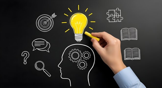 Hand drawing on a blackboard showing creativity and thought process with lightbulb and gears