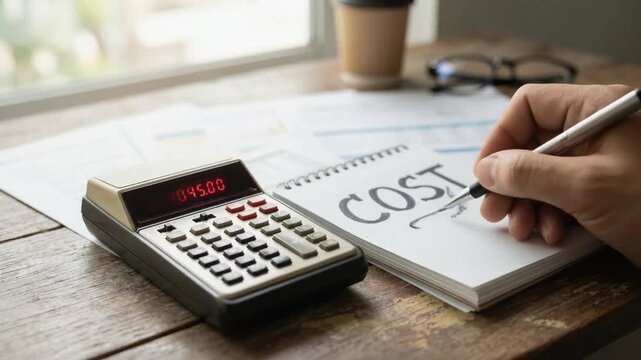 Business cost calculation with calculator and notepad on wooden desk in office setting