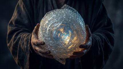 Obraz premium Close-up of a monk or wizard's hands holding a glowing magical sphere made from bubble wrap