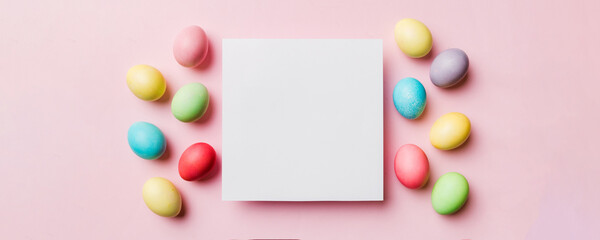 round frame multicolored Easter eggs with white blank paper on a brown background, close-up, space...