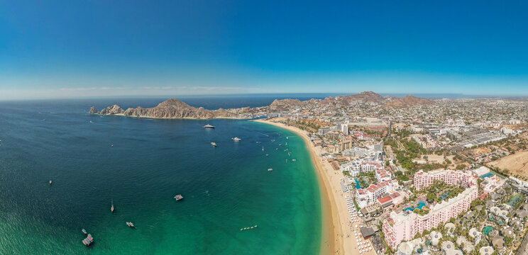 Aerial view of the Arch of Cabo San Lucas, the tip of Baja California Sur, Mexico.