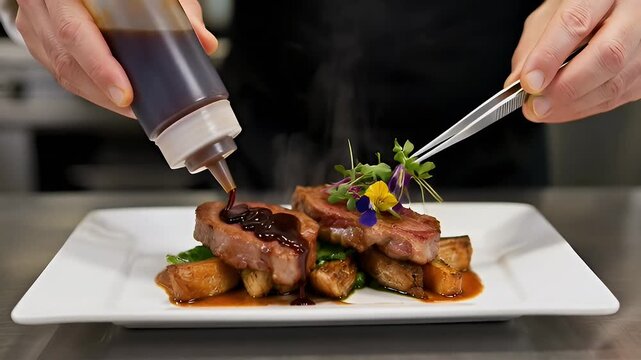 Chef plating delicious lamb dish with edible flowers and flavorful sauce